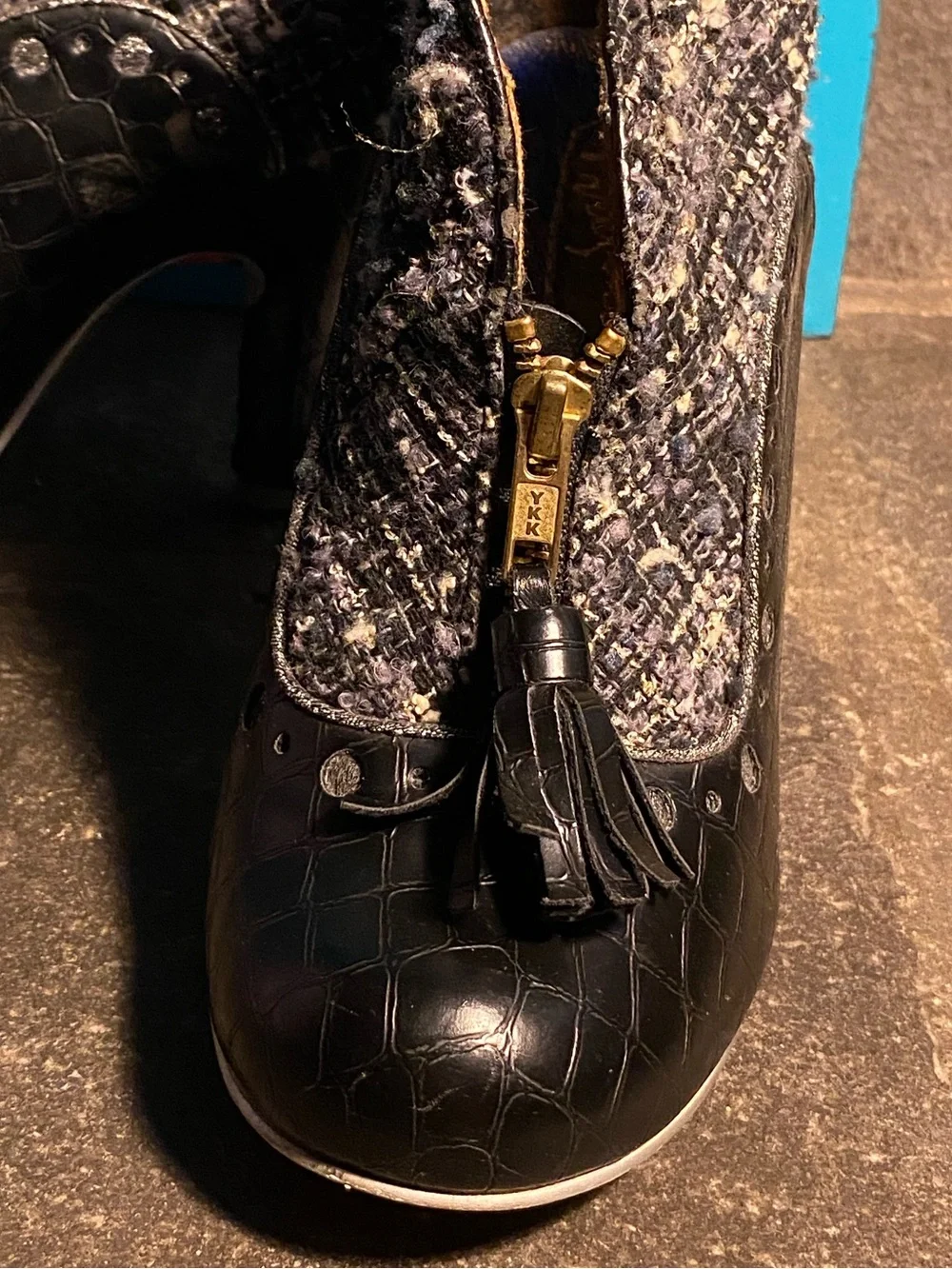 Irregular Choice BEES KNEES black/white tweed/leather booties,EUC,damaged box 8